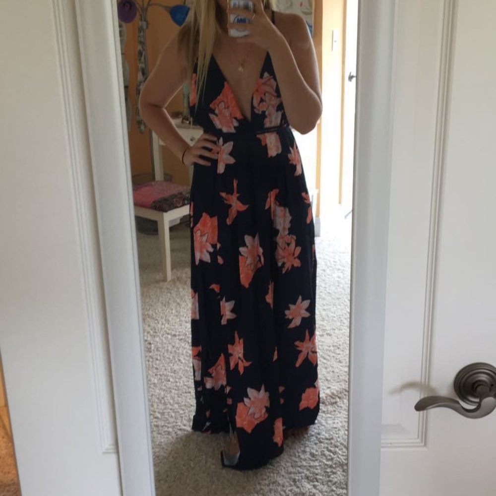 Navy blue floral open back maxi dress